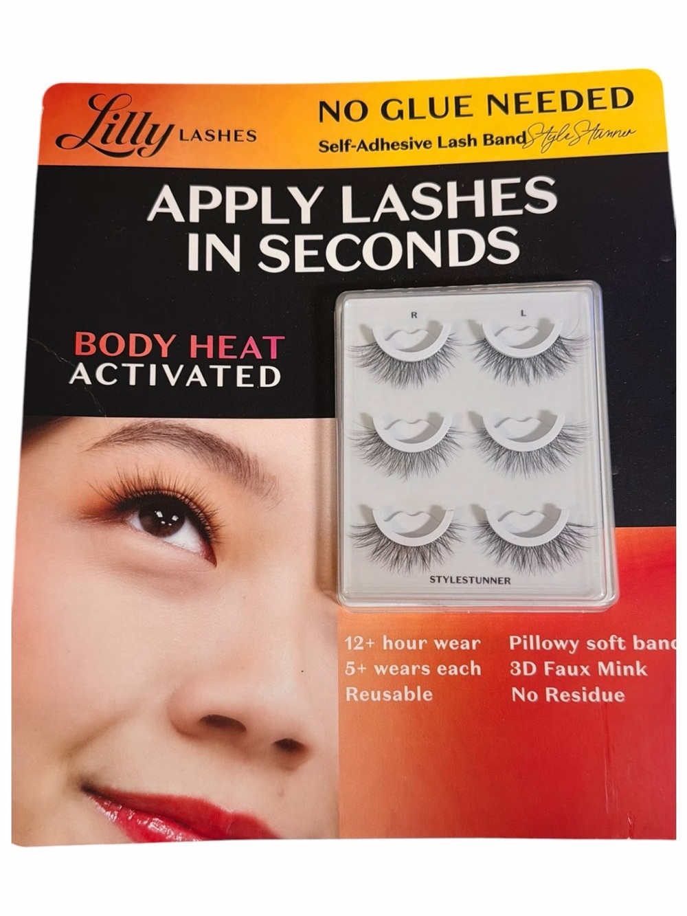 3 pk Lilly Lashes Self-Adhesive Faux Mink Reusable Eye Lashes NO GLUE NEEDED